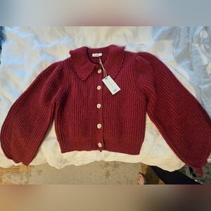NWT Wool Blend Burgundy Cardigan with Scalloped Collar and Puffed Sleeves